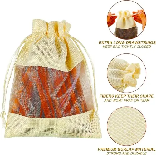 5 x 7 Inches : Jute Potli window bags, Drawstring Bags, Clear Open Window Jute Fabric Drawstring Gift Bags,Candy Jewelry Gift Pouches for Party Favors - Pack of 4