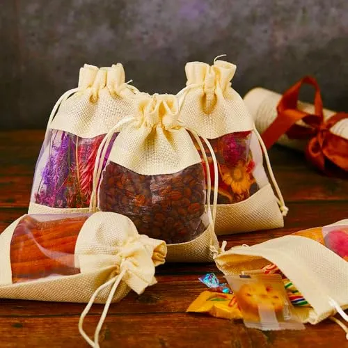 5 x 7 Inches : Jute Potli window bags, Drawstring Bags, Clear Open Window Jute Fabric Drawstring Gift Bags,Candy Jewelry Gift Pouches for Party Favors - Pack of 4
