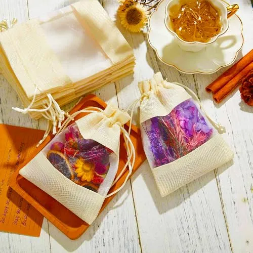 5 x 7 Inches : Jute Potli window bags, Drawstring Bags, Clear Open Window Jute Fabric Drawstring Gift Bags,Candy Jewelry Gift Pouches for Party Favors - Pack of 4
