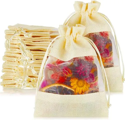 5 x 7 Inches : Jute Potli window bags, Drawstring Bags, Clear Open Window Jute Fabric Drawstring Gift Bags,Candy Jewelry Gift Pouches for Party Favors - Pack of 4