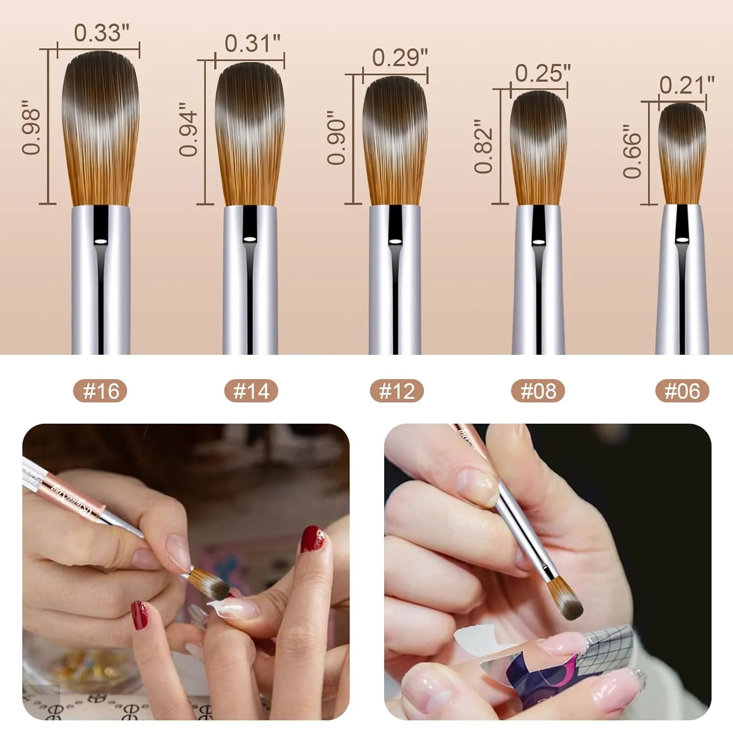 5PCS Acrylic Nail Brush Set, Size 6/8/12/14/16 Kolinsky Hair,Oval Crimped Pressed Shaped Acrylic Nail Brushes,Golden Metal Handle Acrylic Powder Brush Set Professional Manicure For DIY Home Salon