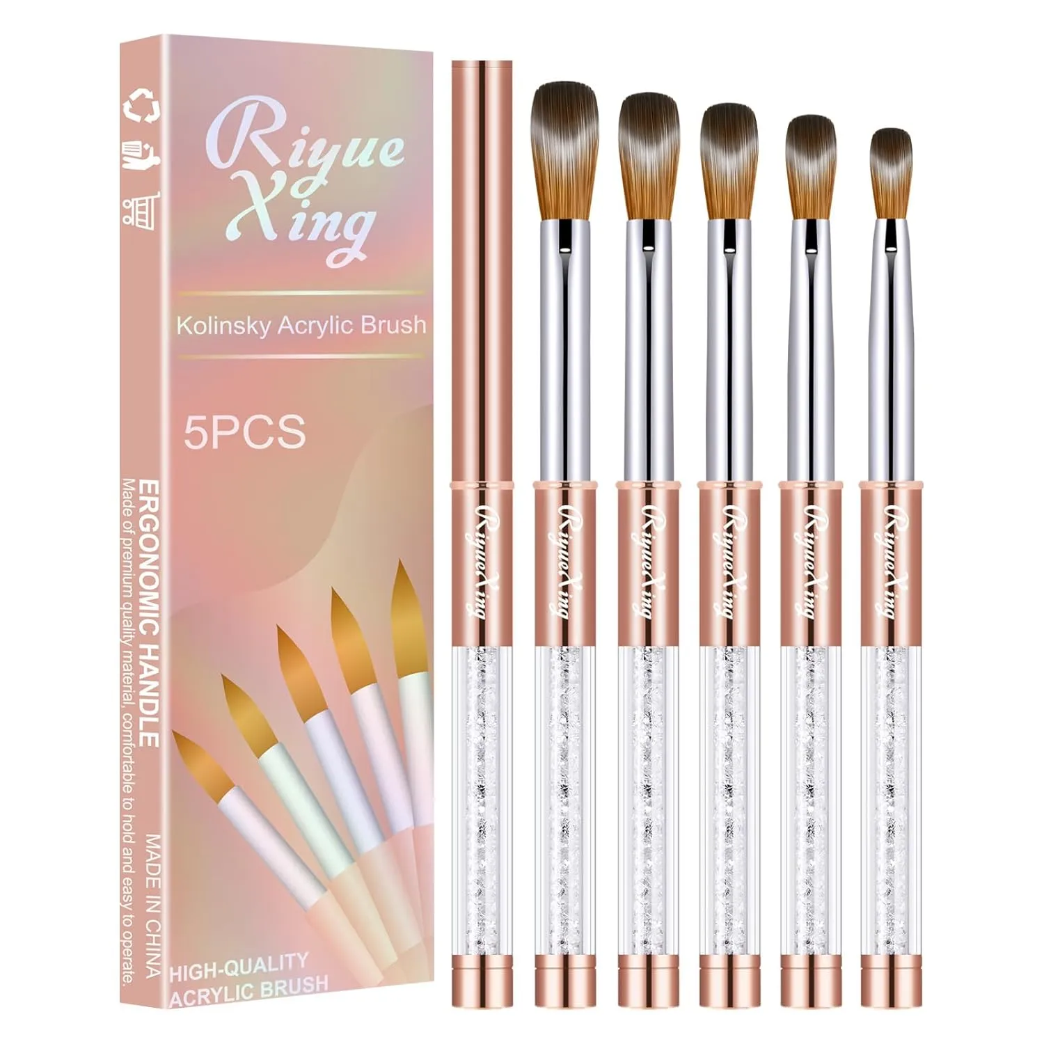 5PCS Acrylic Nail Brush Set, Size 6/8/12/14/16 Kolinsky Hair,Oval Crimped Pressed Shaped Acrylic Nail Brushes,Golden Metal Handle Acrylic Powder Brush Set Professional Manicure For DIY Home Salon