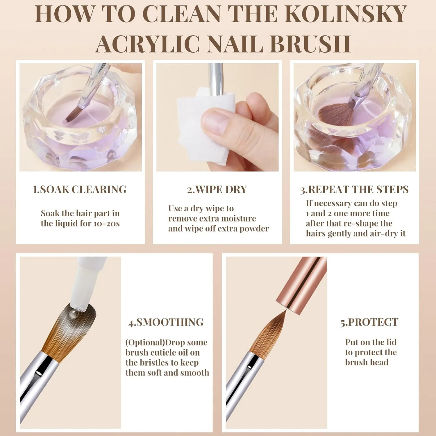 5PCS Acrylic Nail Brush Set, Size 6/8/12/14/16 Kolinsky Hair,Oval Crimped Pressed Shaped Acrylic Nail Brushes,Golden Metal Handle Acrylic Powder Brush Set Professional Manicure For DIY Home Salon