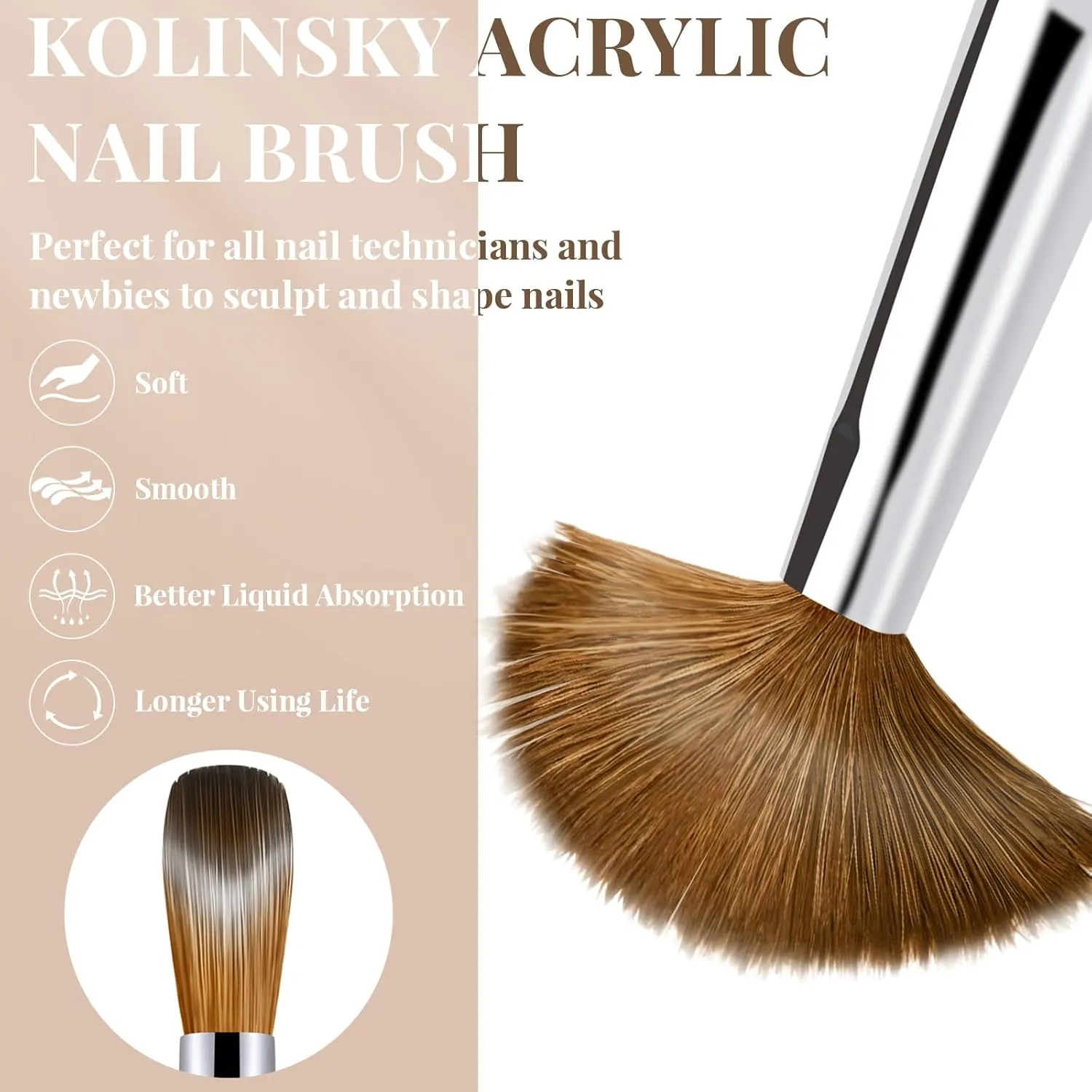 5PCS Acrylic Nail Brush Set, Size 6/8/12/14/16 Kolinsky Hair,Oval Crimped Pressed Shaped Acrylic Nail Brushes,Golden Metal Handle Acrylic Powder Brush Set Professional Manicure For DIY Home Salon
