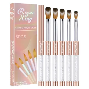 5PCS Acrylic Nail Brush Set, Size 6/8/12/14/16 Kolinsky Hair,Oval Crimped Pressed Shaped Acrylic Nail Brushes,Golden Metal Handle Acrylic Powder Brush Set Professional Manicure For DIY Home Salon