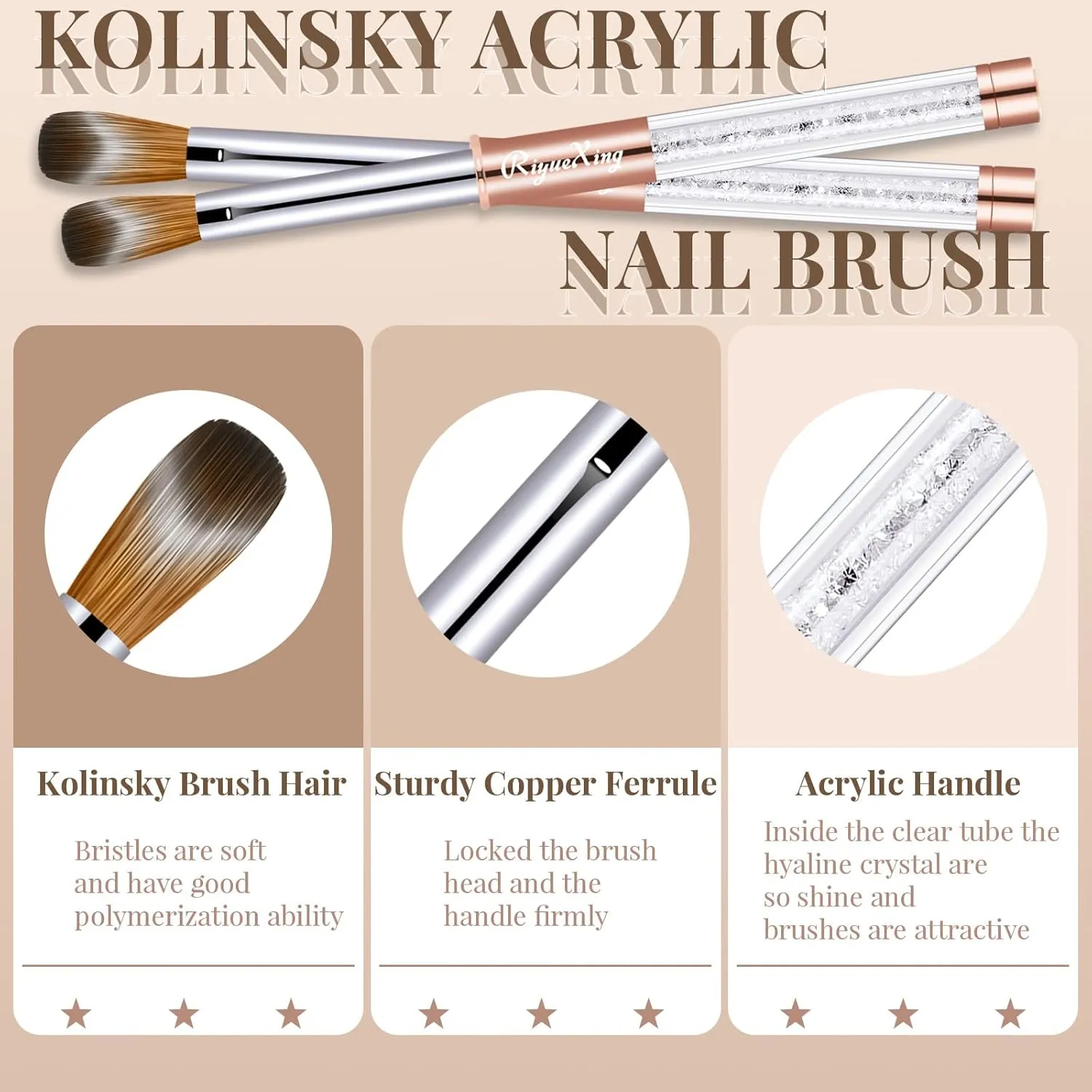 5PCS Acrylic Nail Brush Set, Size 6/8/12/14/16 Kolinsky Hair,Oval Crimped Pressed Shaped Acrylic Nail Brushes,Golden Metal Handle Acrylic Powder Brush Set Professional Manicure For DIY Home Salon