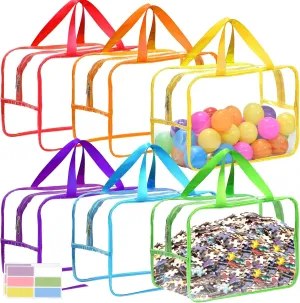 6 Packs Extra Large Toy Storage Bags, 12.6 * 9.25 * 6.9 IN Clear Colorful Waterproof Toy Organizer Bags with Labels, Dual Zippers and Portable Handheld Design, Board Game Storage for Building Blocks
