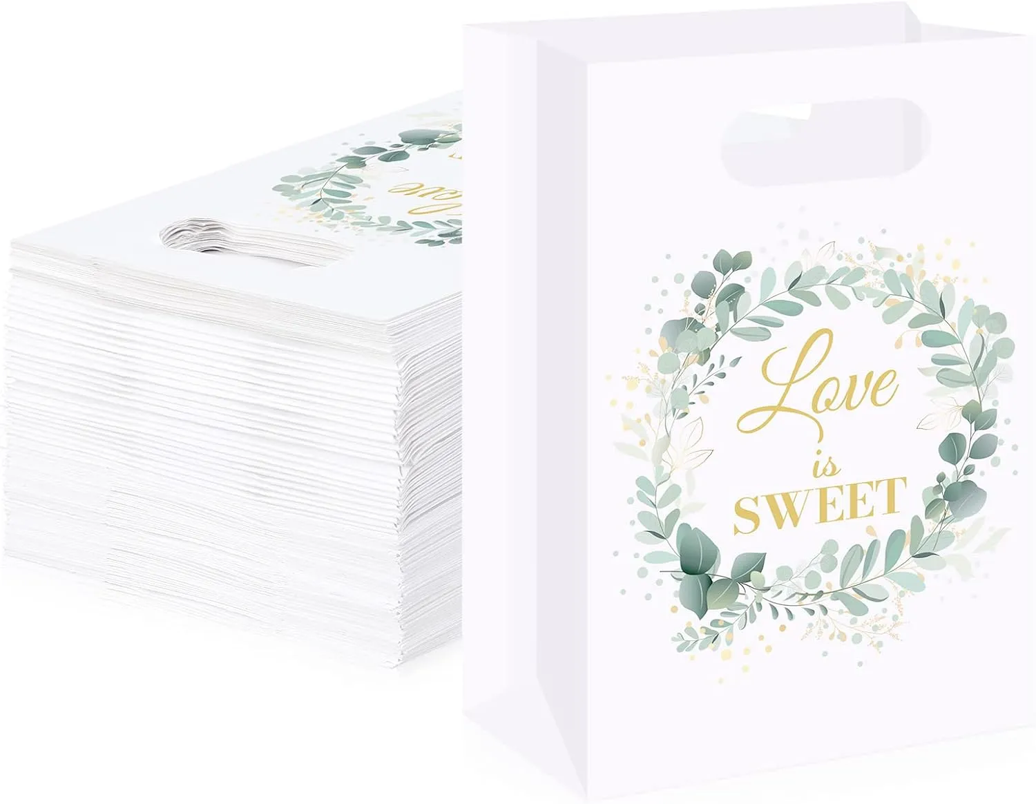 60 Pcs Eucalyptus Treat Bags - Wedding Party Favor Paper Bags with Handles for Guests, 8.7 x 5.9 x 2.4 Inch