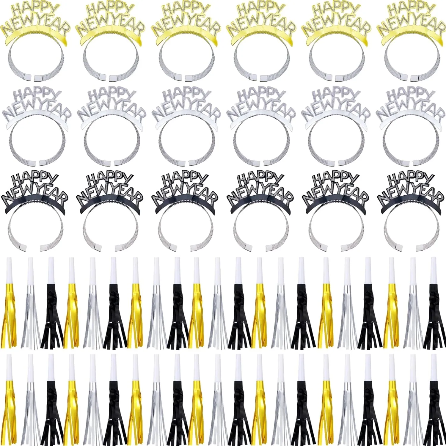 60 Pcs New Year Eve Party Supplies 2025, 18 Happy New Year Headbands, 42 Metallic Fringed Party Blowers Noise Makers for 2025 New Years Party Favor Supplies, Gold, Silver, Black