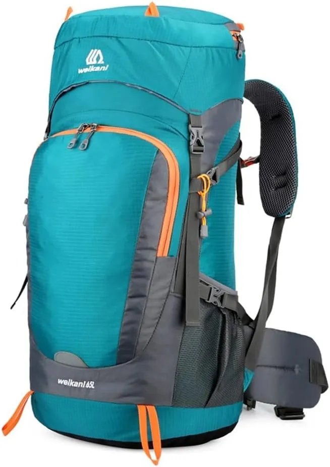 65L Hiking Backpack Waterproof Nylon Travel Daypack With Rain Cover For Camping Trekking Mountaineering Camping Backpack Assault Pack For Climbing(Lake Blue)