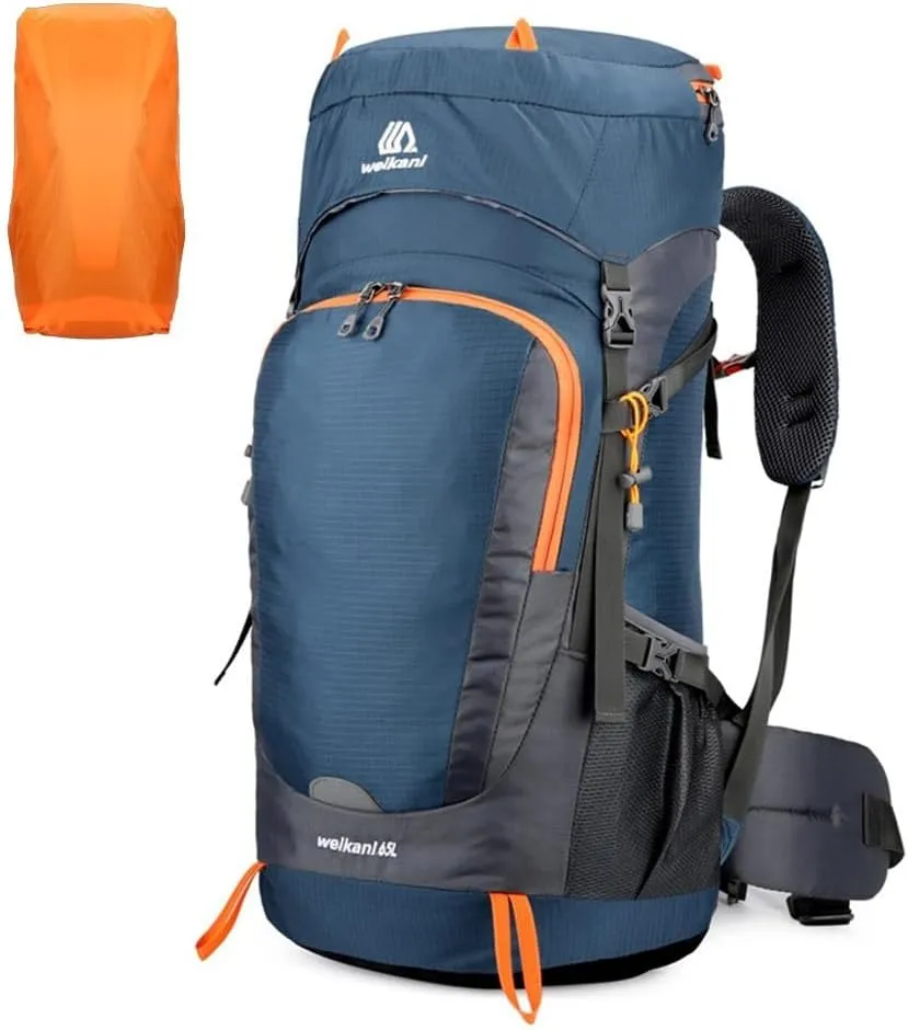 65L Hiking Backpack Waterproof Nylon Travel Daypack With Rain Cover For Camping Trekking Mountaineering Camping Backpack Assault Pack For Climbing(Lake Blue)
