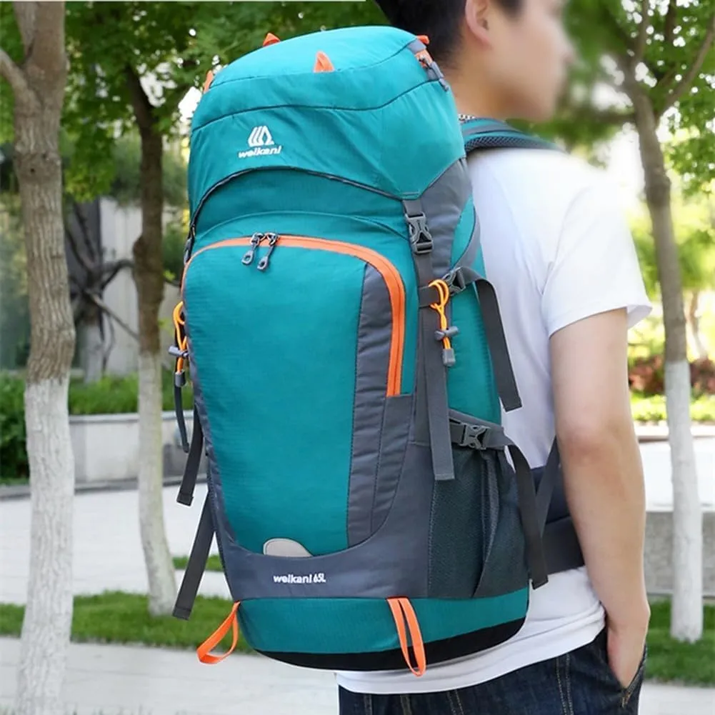 65L Hiking Backpack Waterproof Nylon Travel Daypack With Rain Cover For Camping Trekking Mountaineering Camping Backpack Assault Pack For Climbing(Lake Blue)