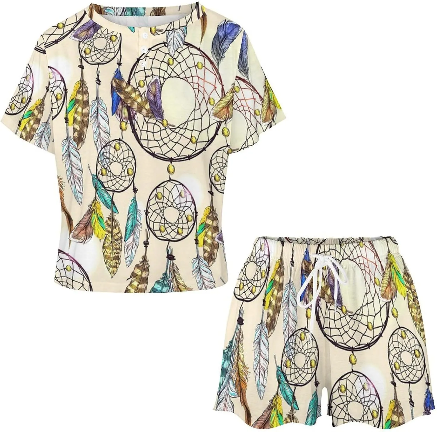 Adorable Dreamcatcher Summer 2 Piece Womens' Lounge PJs Short Sleeve Sleepwear Sets with Pockets