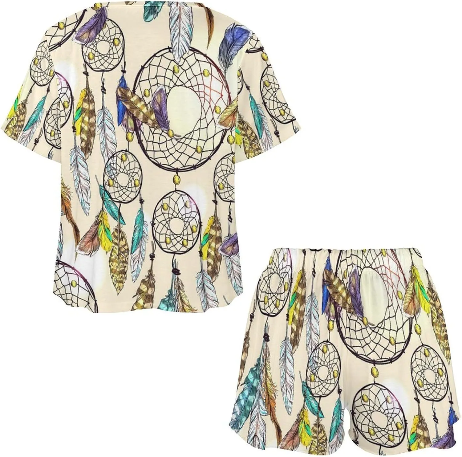 Adorable Dreamcatcher Summer 2 Piece Womens' Lounge PJs Short Sleeve Sleepwear Sets with Pockets