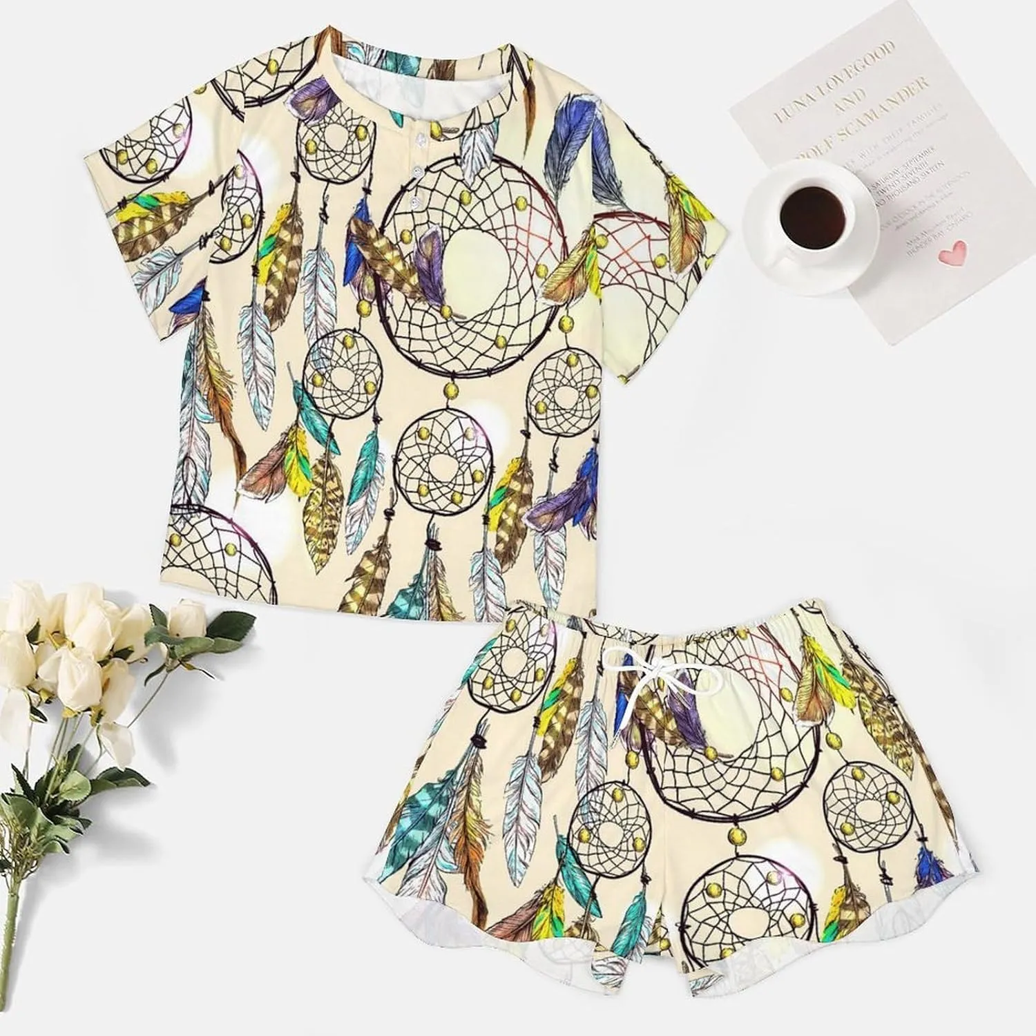 Adorable Dreamcatcher Summer 2 Piece Womens' Lounge PJs Short Sleeve Sleepwear Sets with Pockets