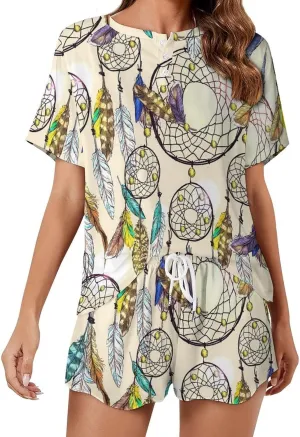Adorable Dreamcatcher Summer 2 Piece Womens' Lounge PJs Short Sleeve Sleepwear Sets with Pockets