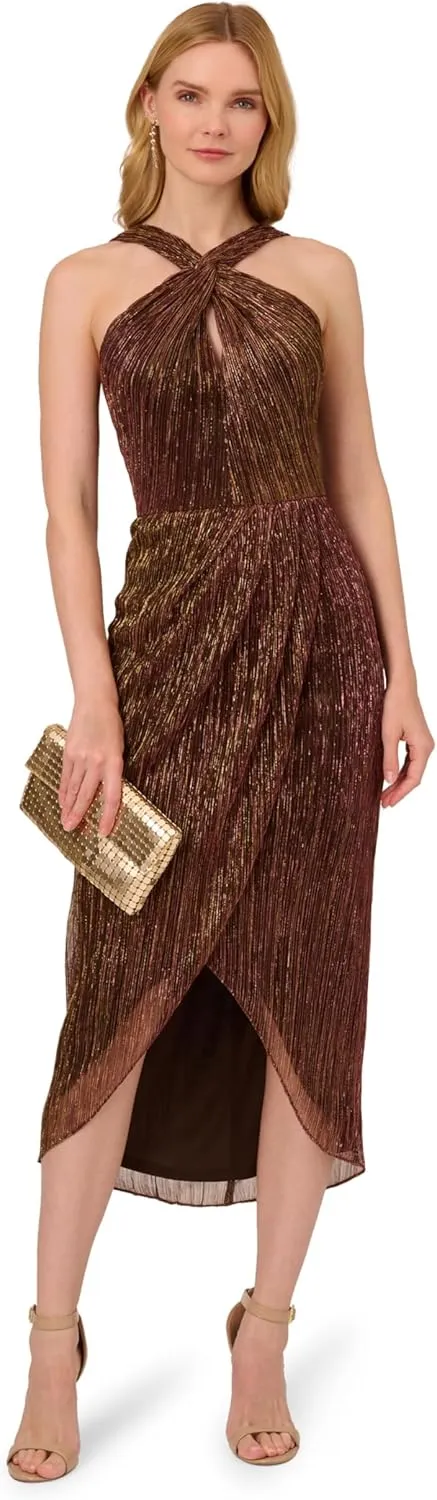 Adrianna Papell Women's Halter Crinkle Metallic Dress