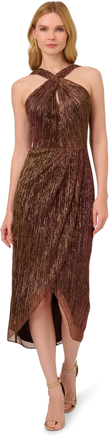 Adrianna Papell Women's Halter Crinkle Metallic Dress