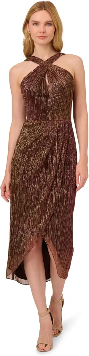 Adrianna Papell Women's Halter Crinkle Metallic Dress