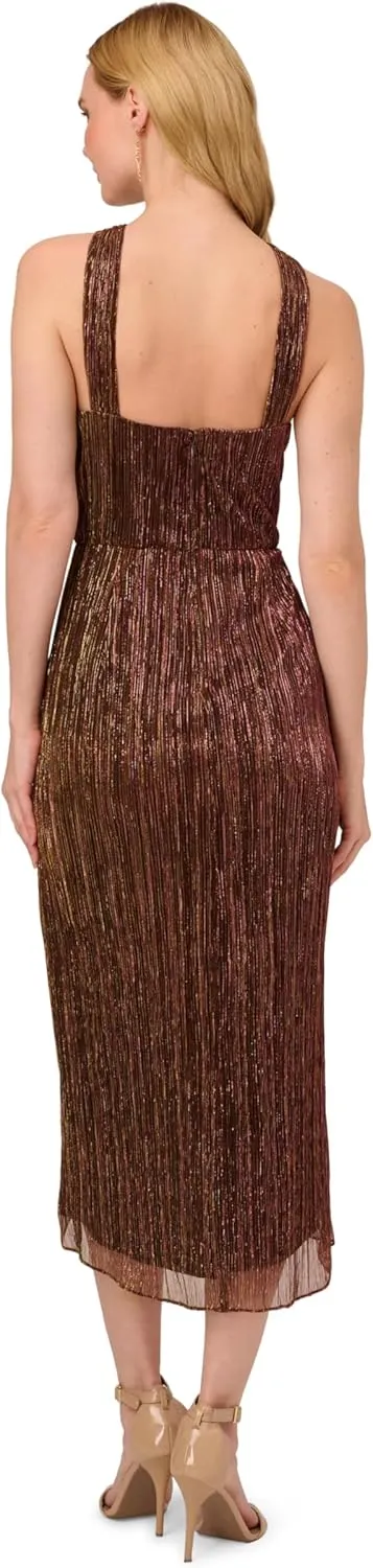 Adrianna Papell Women's Halter Crinkle Metallic Dress
