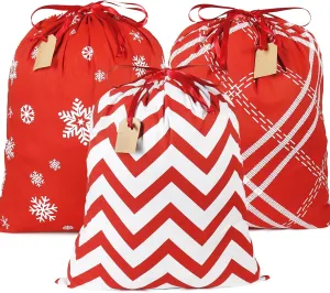 Advantez Cotton Drawstrings Gift Bags, 3Pcs Reusable Gift Bags, Xmas Present Bags Fabric Cloth Sacks for Christmas Thanksgiving Party Stocking Storage(Large and Medium-Sized)