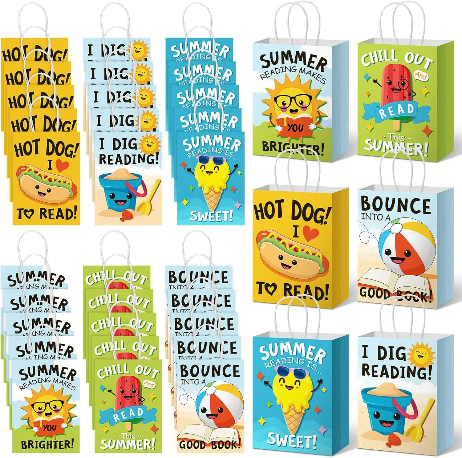 Affrolling 30 Pcs Summer Reading Paper Gift Bags for Kids Summer Party Favor Bags Books Reading Goodie Bags with Handles 7.9 x 5.9 x 3.5 Inches Read Treat Bags for Summer Book Lovers Exchange Gift