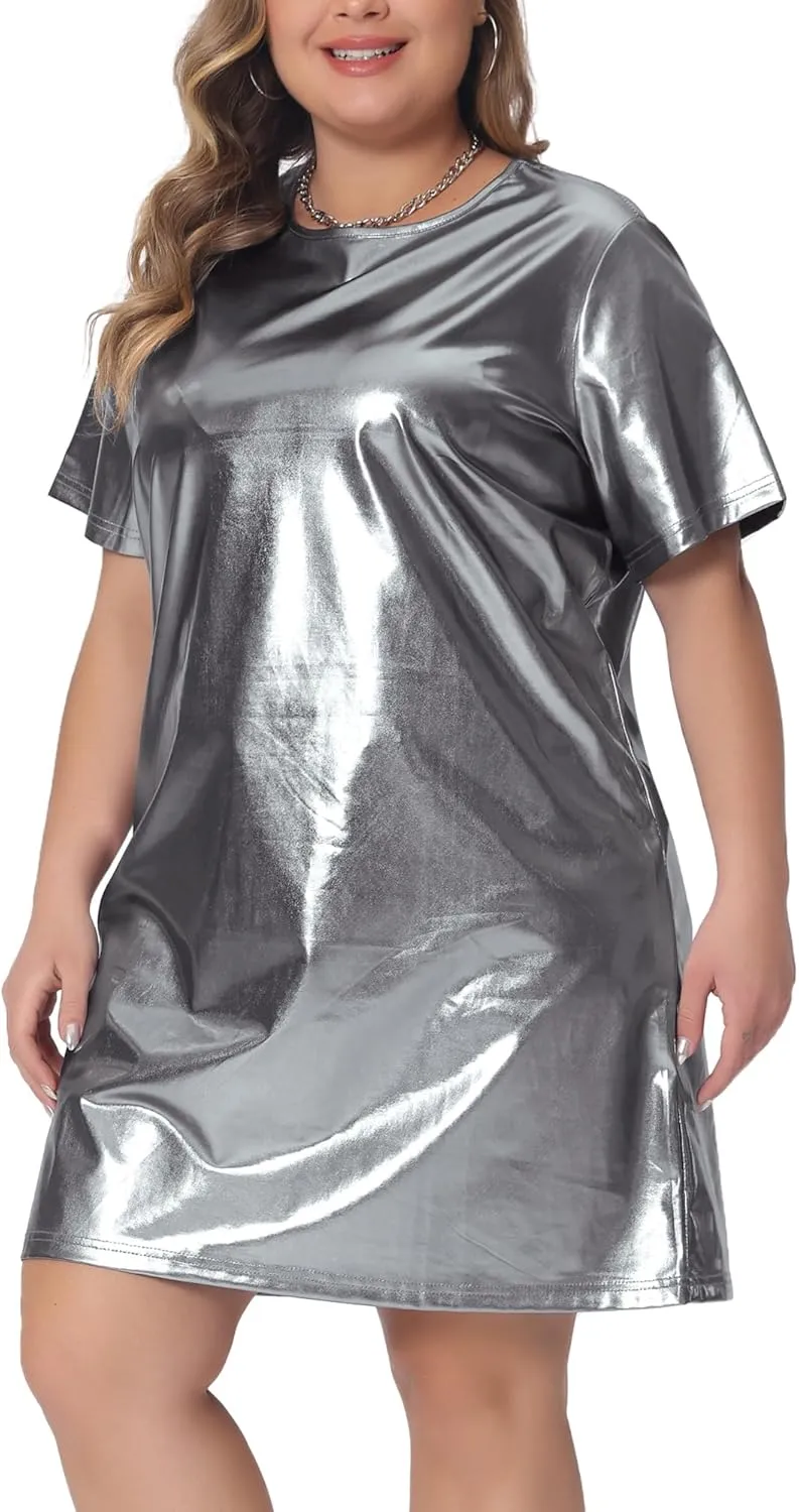 Agnes Orinda Plus Size Dress for Women Metallic Round Neck Short Sleeve Party Clubwear Loose Mini T-Shirt Dress