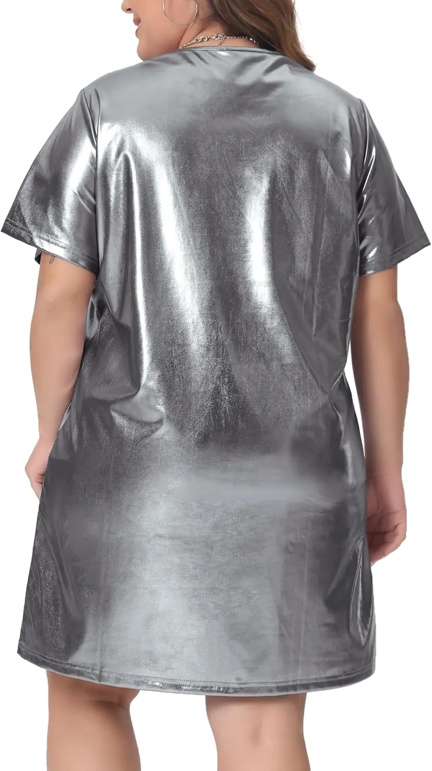Agnes Orinda Plus Size Dress for Women Metallic Round Neck Short Sleeve Party Clubwear Loose Mini T-Shirt Dress