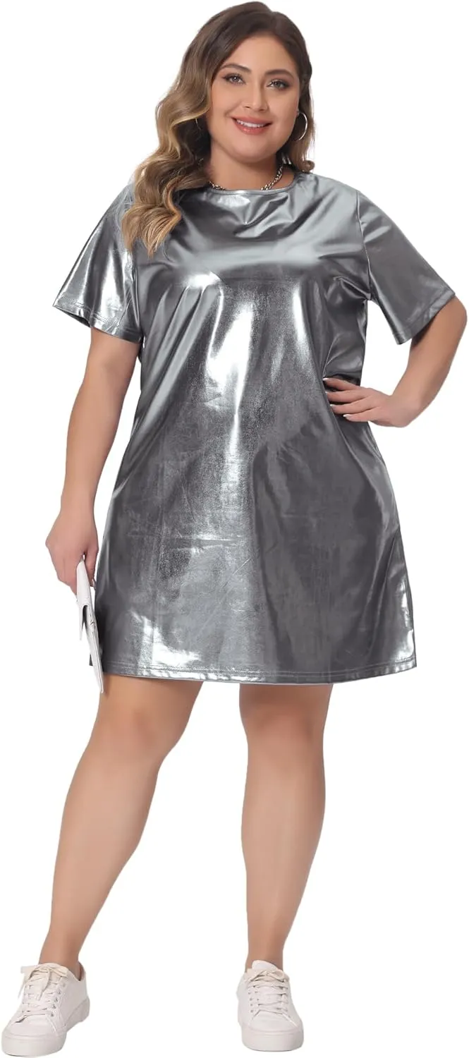 Agnes Orinda Plus Size Dress for Women Metallic Round Neck Short Sleeve Party Clubwear Loose Mini T-Shirt Dress