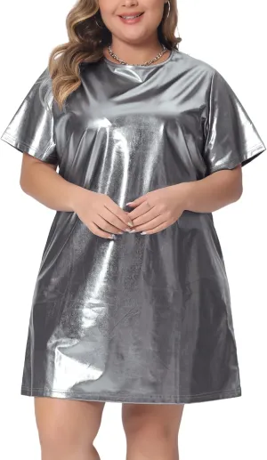 Agnes Orinda Plus Size Dress for Women Metallic Round Neck Short Sleeve Party Clubwear Loose Mini T-Shirt Dress