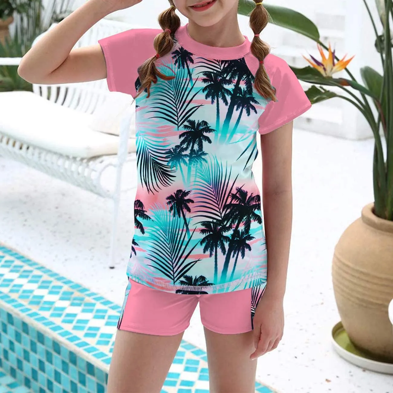 AIDEAONE Girls Rash Guard Swimsuit Short Sleeve Two Piece Bathing Suit Size 3-12T