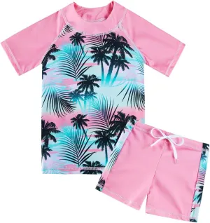 AIDEAONE Girls Rash Guard Swimsuit Short Sleeve Two Piece Bathing Suit Size 3-12T