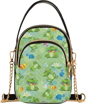 ALAZA Chain Crossbody Bags for Women Cute Cartoon Lotus Pond Frog Quilted Shoulder Crossbody Handbags Travel Cross Body Cell Phone Purses Bags