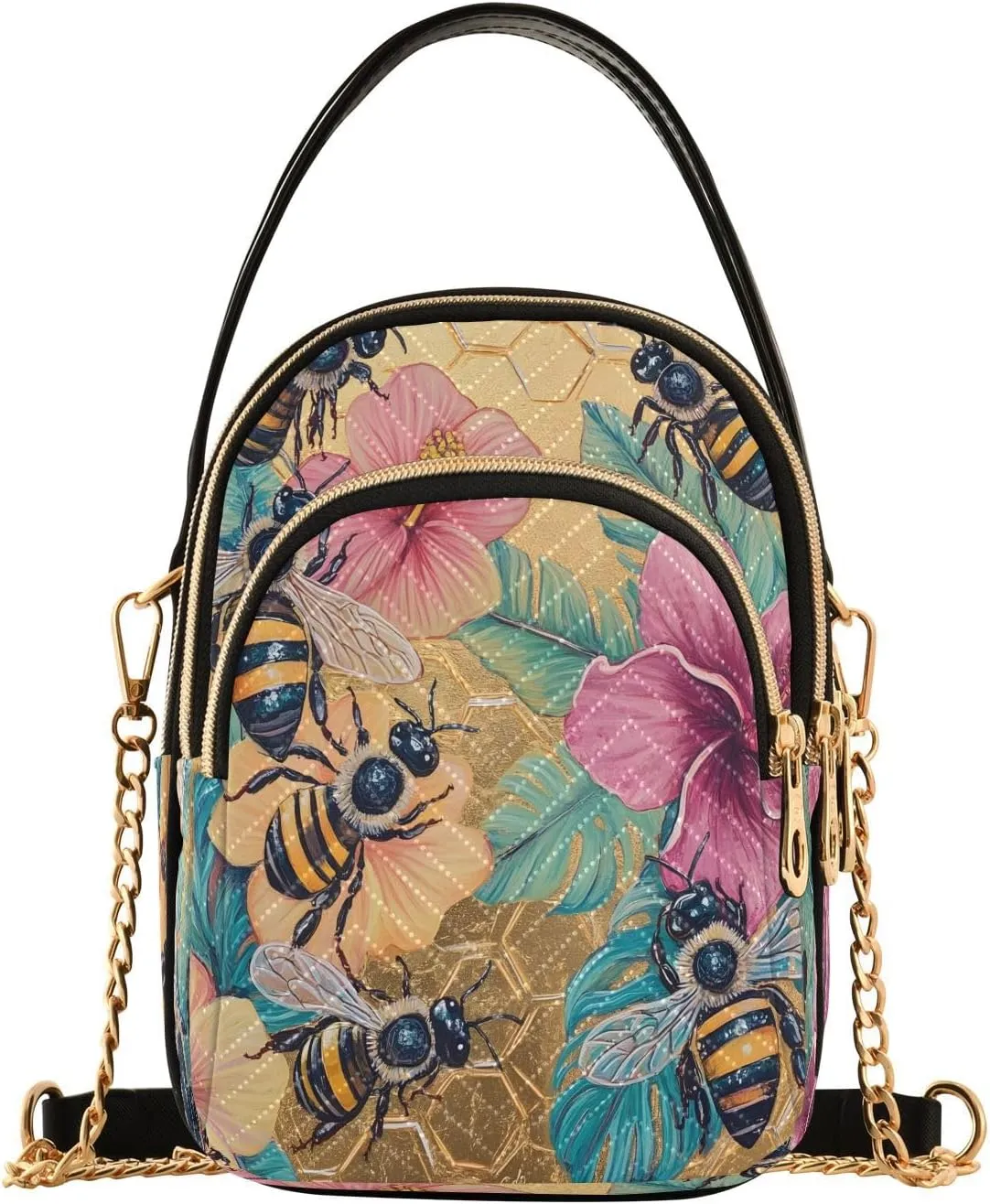 ALAZA Chain Crossbody Bags for Women Honey Bee Bumble Honeycomb Flowers Quilted Shoulder Crossbody Handbags Travel Cross Body Cell Phone Purses Bags