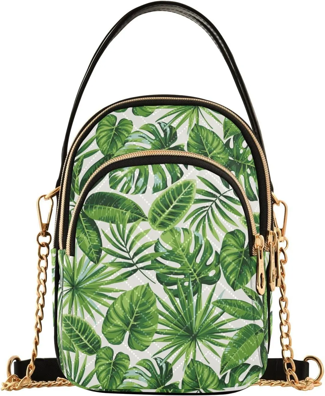 ALAZA Chain Crossbody Bags for Women Tropical Exotic Palm Leaves Quilted Shoulder Crossbody Handbags Travel Cross Body Cell Phone Purses Bags