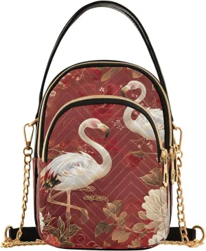 ALAZA Chain Crossbody Bags for Women White Flamingos Flowers Oriental Mood Quilted Shoulder Crossbody Handbags Travel Cross Body Cell Phone Purses Bags