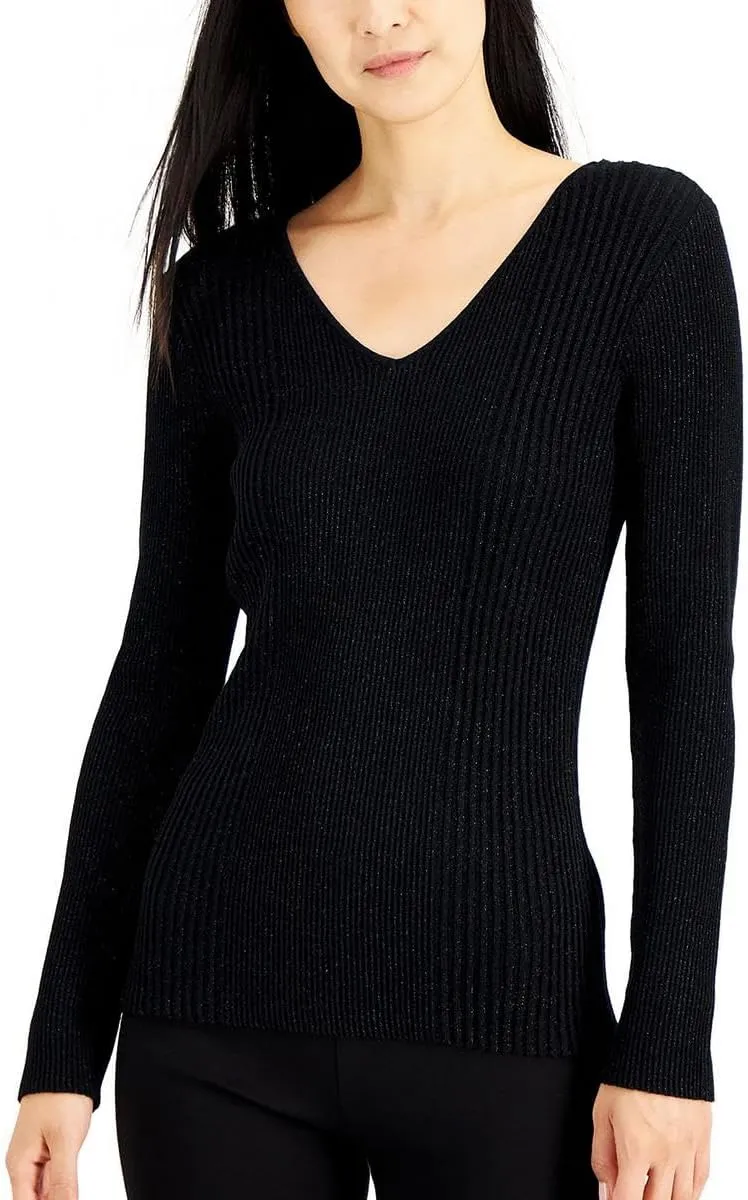 Alfani Womens Ribbed Metallic V-Neck Sweater Black XL