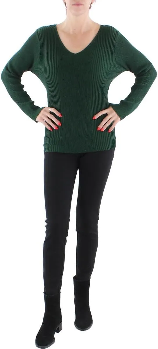 Alfani Womens Ribbed Metallic V-Neck Sweater Green L