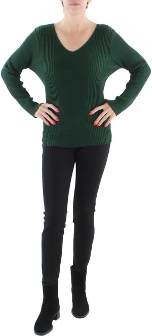 Alfani Womens Ribbed Metallic V-Neck Sweater Green L