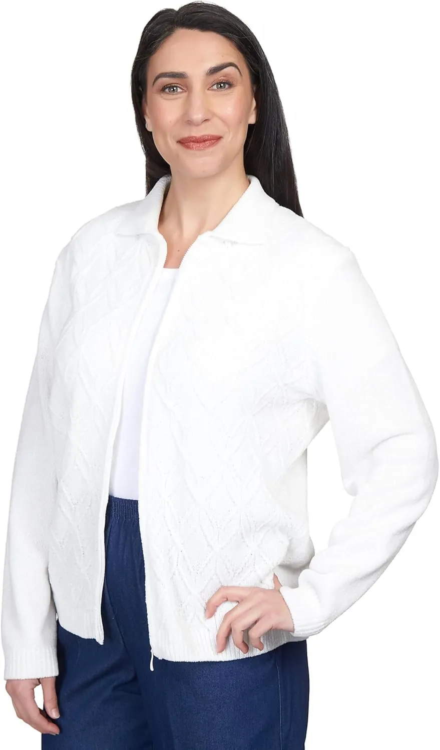 Alfred Dunner Women's Classics Chenille Metallic Zip Cardigan