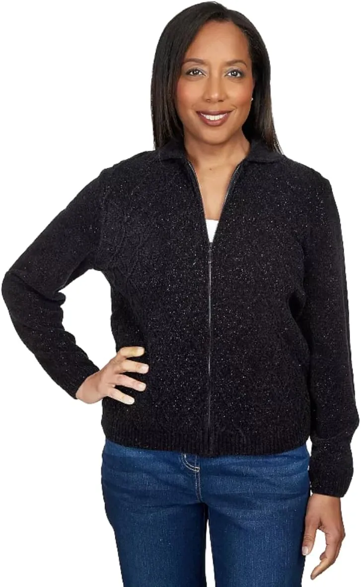Alfred Dunner Women's Classics Chenille Metallic Zip Cardigan