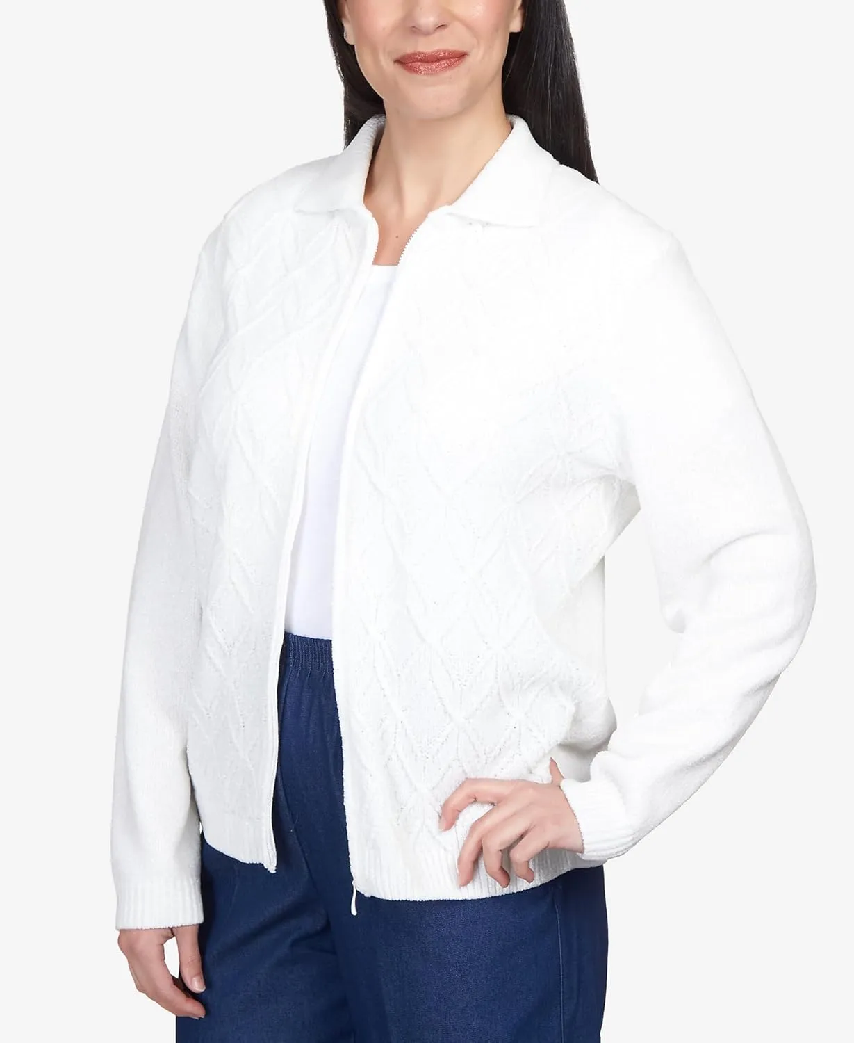 Alfred Dunner Women's Classics Chenille Metallic Zip Cardigan