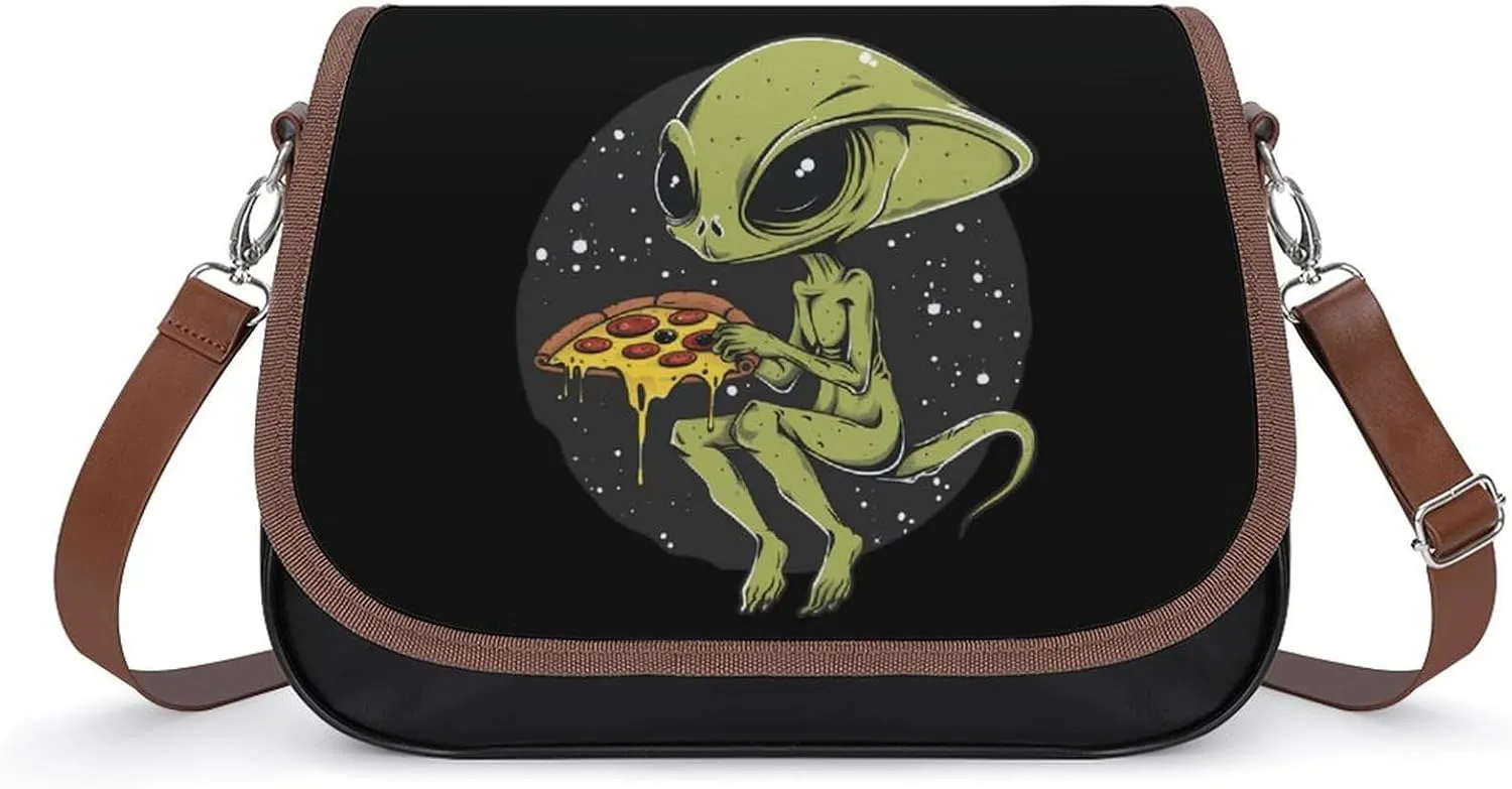 Alien Eating Pizza Crossbody Bags for Women PU Leather Tote Bag Purse Shoulder Bag for Travel Office
