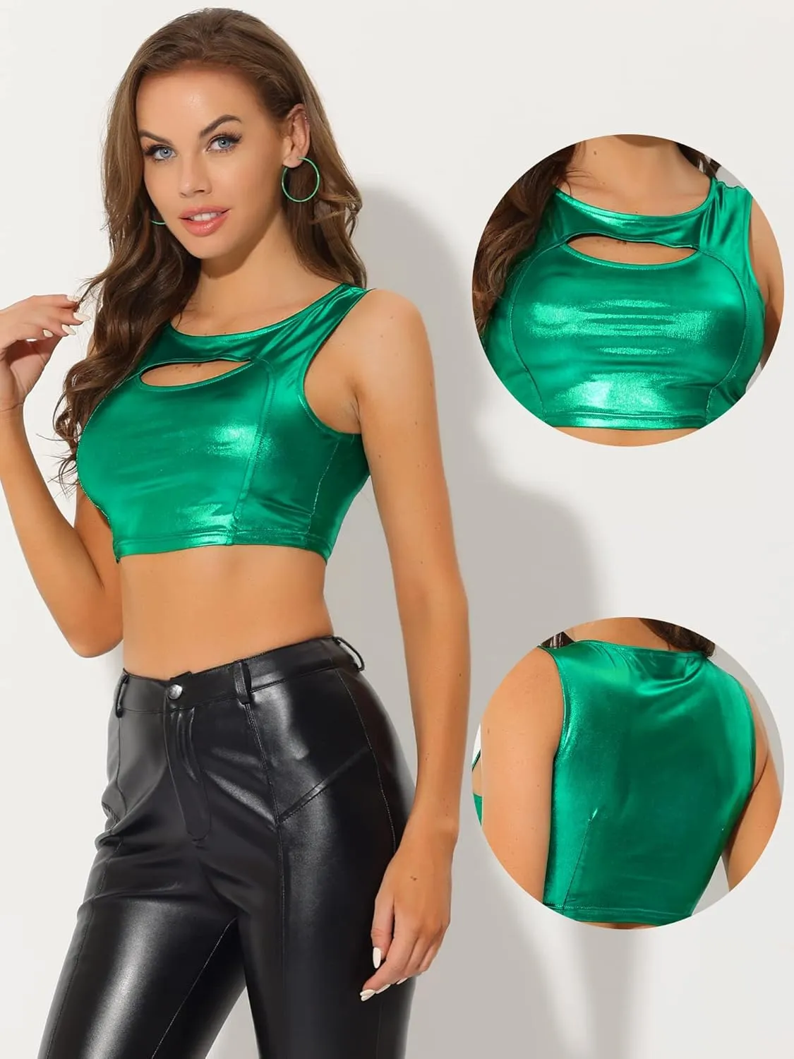 Allegra K Metallic Crop Top for Women's Sleeveless Cut Out Party Clubwear Holographic Tank Tops