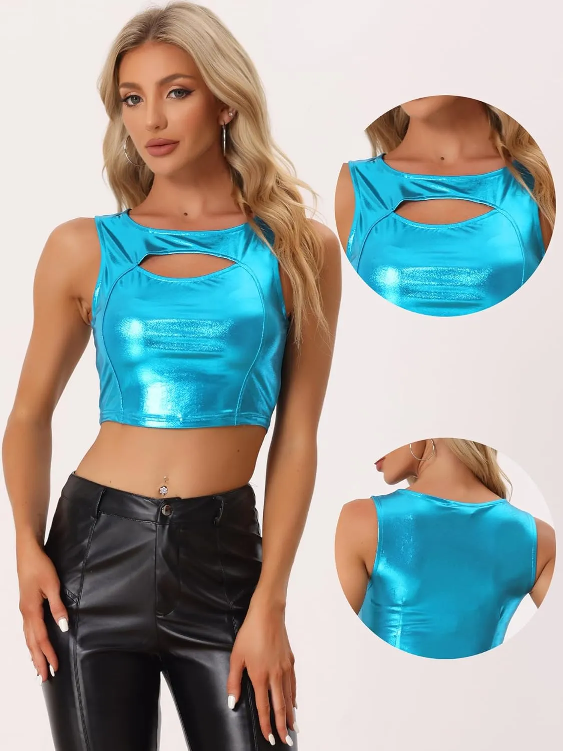 Allegra K Metallic Crop Top for Women's Sleeveless Cut Out Party Clubwear Holographic Tank Tops