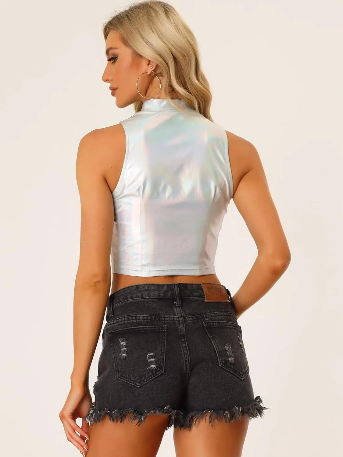 Allegra K Metallic Crop Tops for Women's Mock Neck Zip Up Sleeveless Shiny Holographic Tank Top