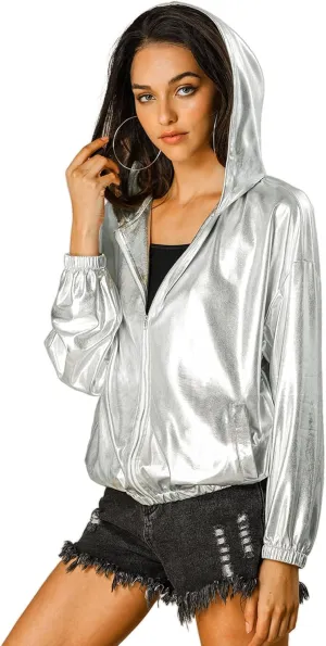 Allegra K Women's Holographic Party Shimmering Shiny Lightweight Zipper Hooded Metallic Jacket