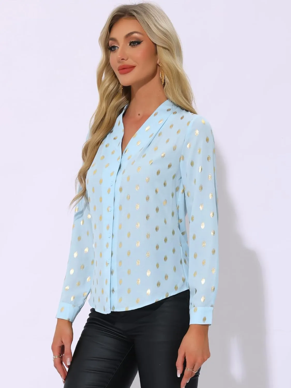 Allegra K Women's Metallic Patterned Blouse V Neck Long Sleeve Gilding Sparkly Dots Star Top