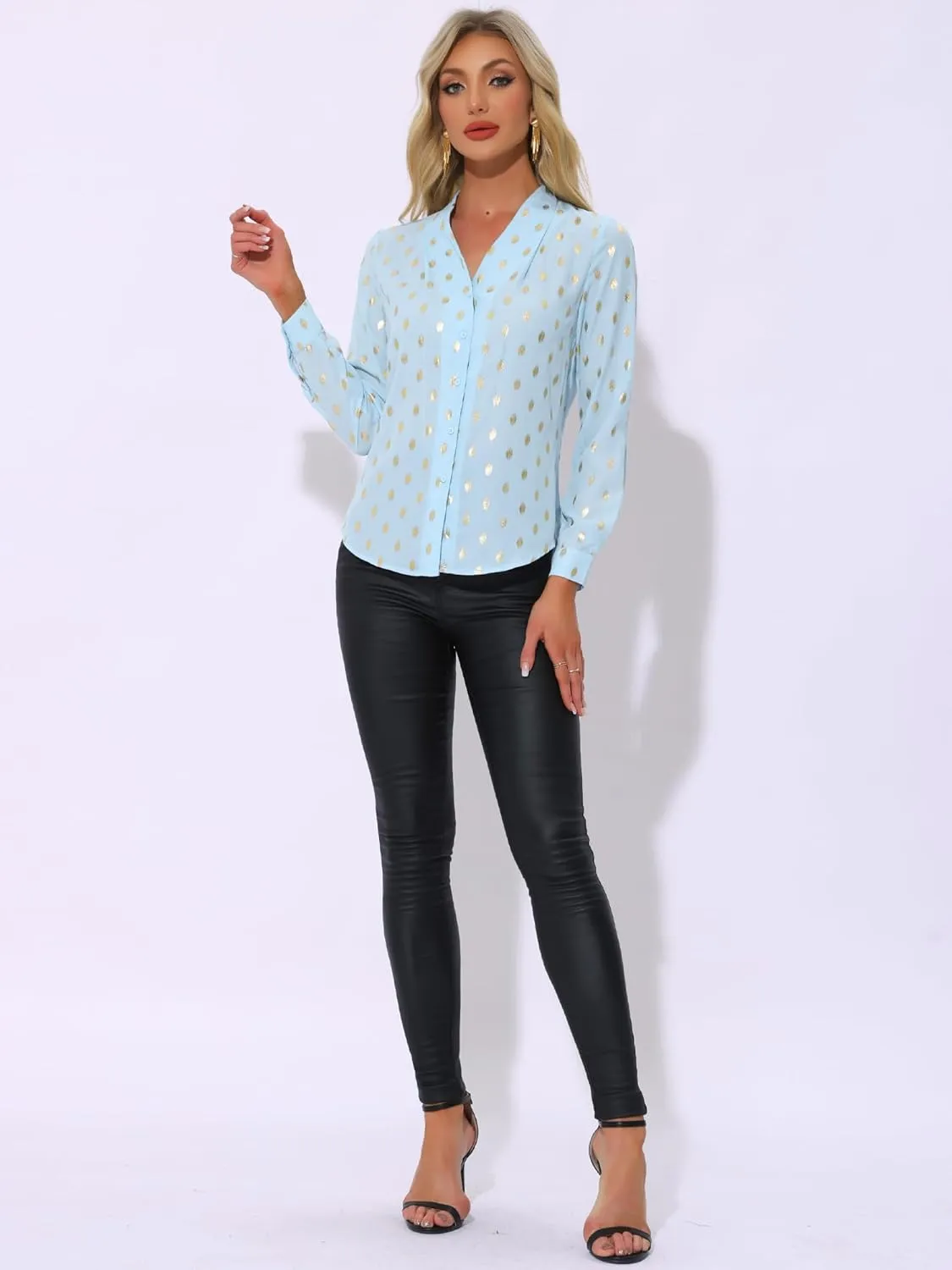 Allegra K Women's Metallic Patterned Blouse V Neck Long Sleeve Gilding Sparkly Dots Star Top