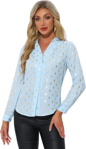 Allegra K Women's Metallic Patterned Blouse V Neck Long Sleeve Gilding Sparkly Dots Star Top